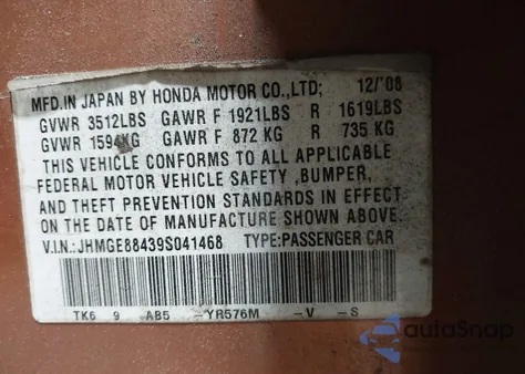 2009 Honda Fit Sport z USA, uszkodzony, nr VIN JHMGE88439S041468